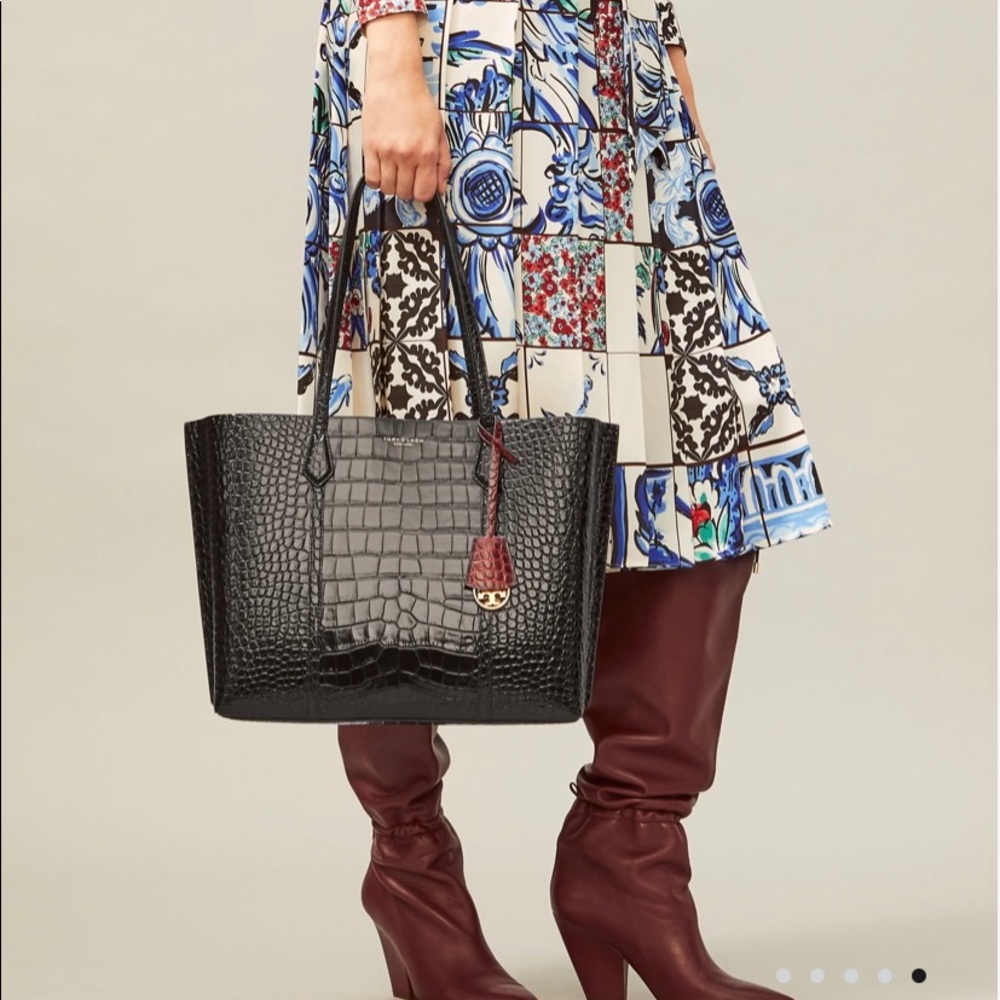 Tory Burch “Perry” Black Croc-Embossed Leather Tote